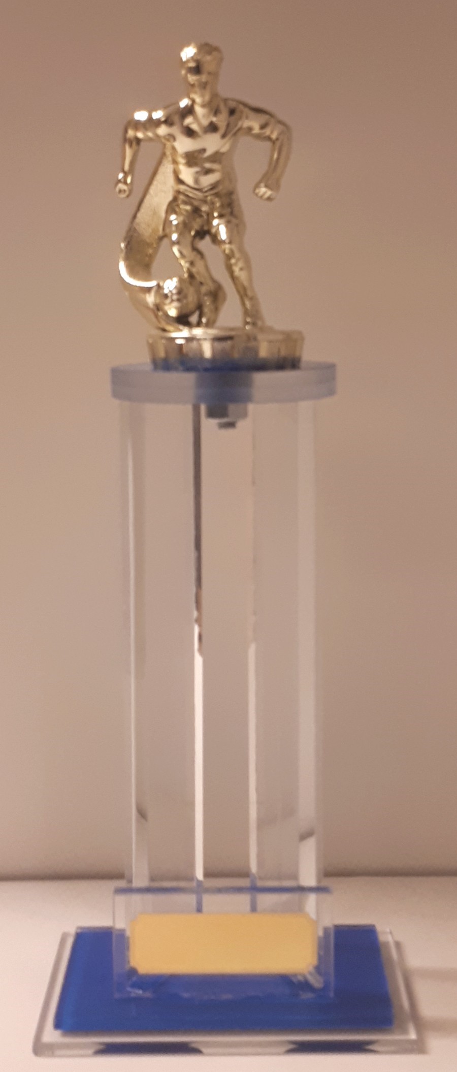 GLU-VO02 Glasstandaard Blauw met Voetbal Goud LAATSTE OP=OP!!
